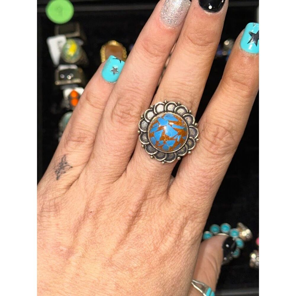 Round Copper Turquoise Sterling Silver Overlay Ring Size 9